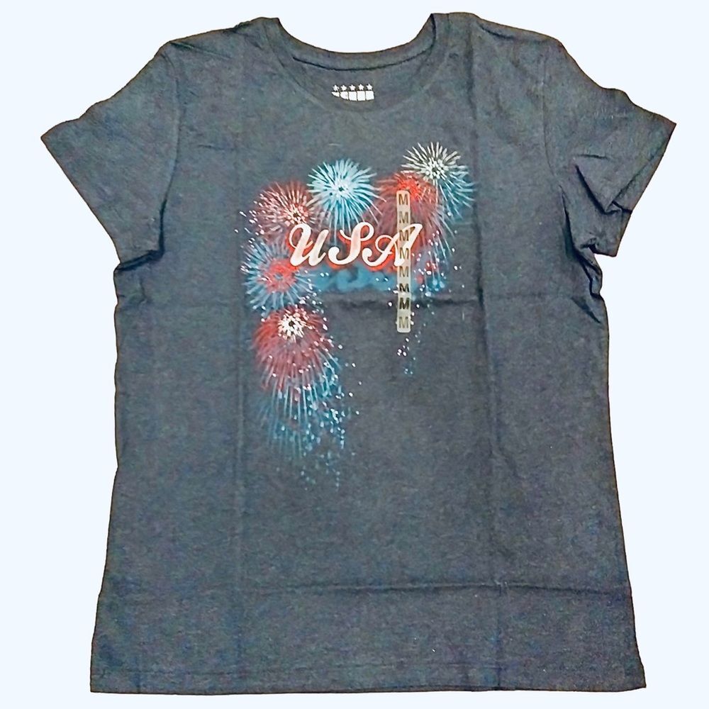 USA Fireworks on Heather Navy Ladies MED or LG Short Sleeve Crewneck Tee